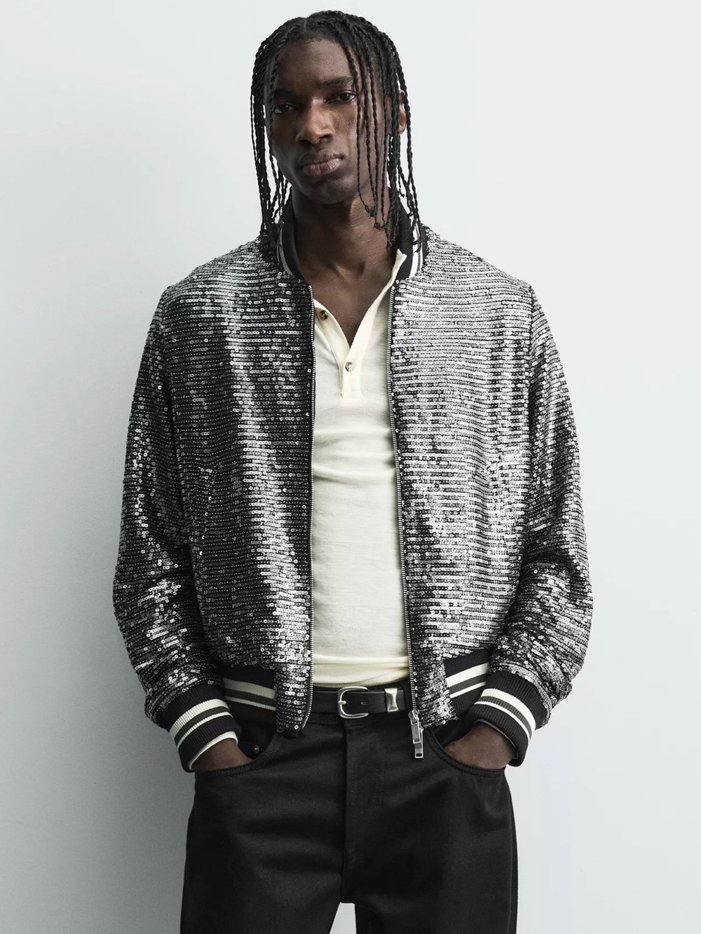 Zara Silver Sequin Bomber Jacket